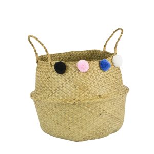 CESTA DE JUNCO TRENZADO NATURAL CIN POMPONES MULTICOLORES 35X42CM