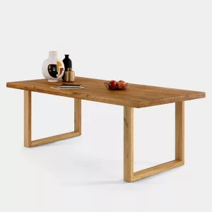 MESA DE COMEDOR DE MADERA MACIZA DE ROBLE RECTANGULAR, COLOR AMBAR Y PATAS DE MADERA ROBLE MACIZO U