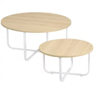HOMCOM Juego de 2 Mesas de Centro Ø65x32 cm y Ø45x26 cm con Encimera de Madera y Patas de Metal Natural y Blanco