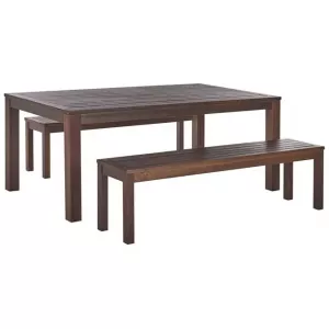 Conjunto de jardín mesa y 2 bancos madera oscura TUSCANIA