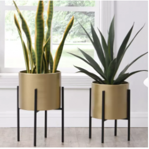 Juego de 2 macetas con patas de metal - D. 25 x Alt. 39 y D. 23 x Alt. 35.5 - Dorado y negro - EDMEE
