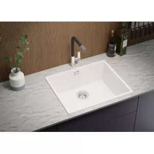 Fregadero Cocina 56 x 47 cm, Fregadero Granito Un Seno + Sifón Clásico, Fregadero London 60 Slim de Primagran, Blanco