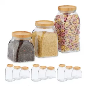 Botes Cristal, Set de 12, 600, 1000, 1400 ml, Cereales, Pasta, Legumbres, Tapa de Bambú, Transparente/Natural
